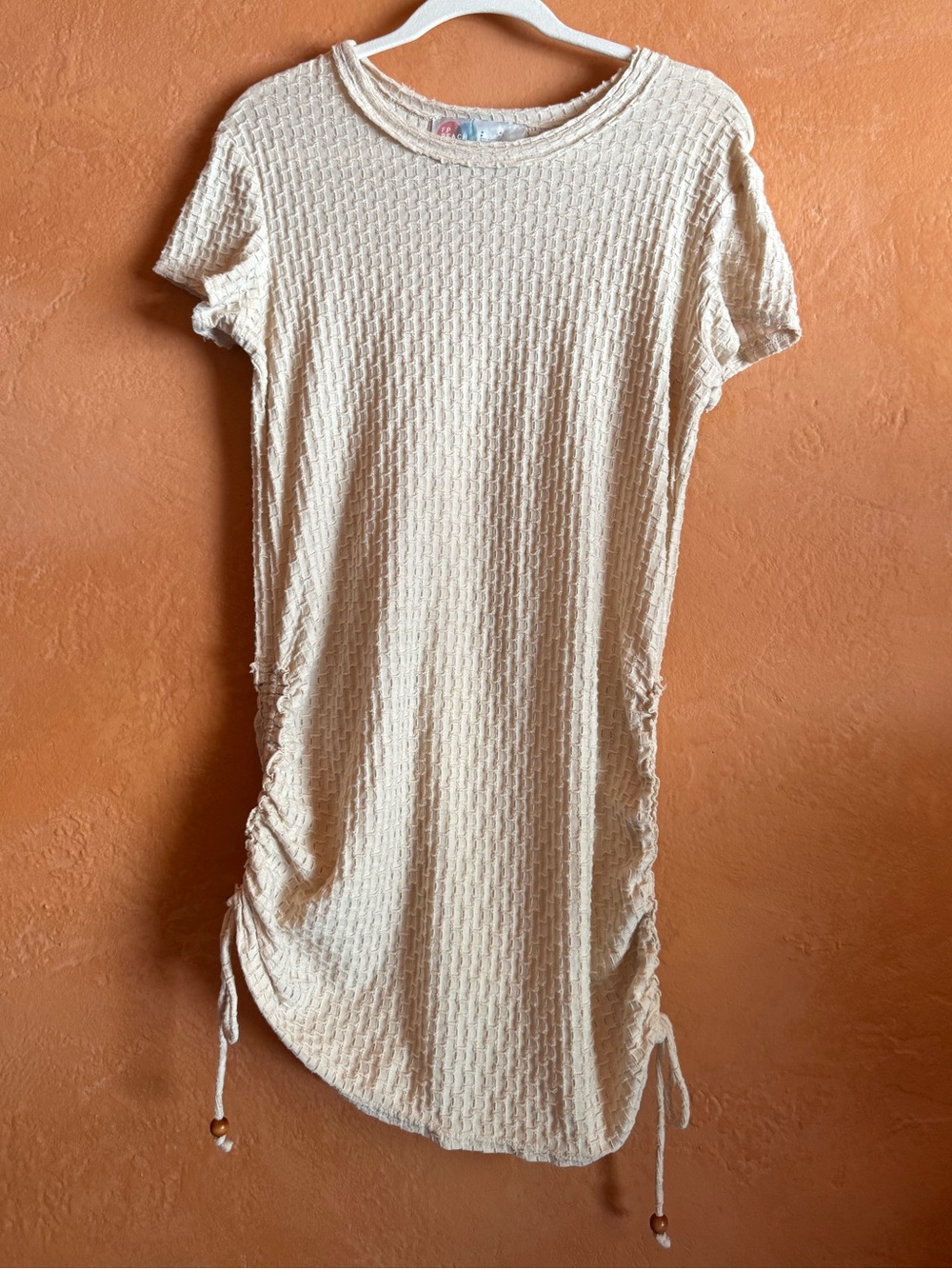 FP Beach Textured Ruched Side Tee Mini Dress Cream Small